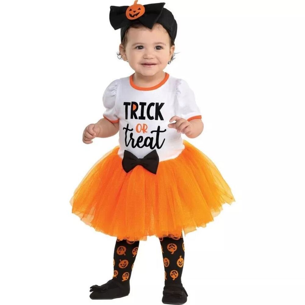 New Infant Trick or Treater White/Orange Dress with Headband Halloween Costume